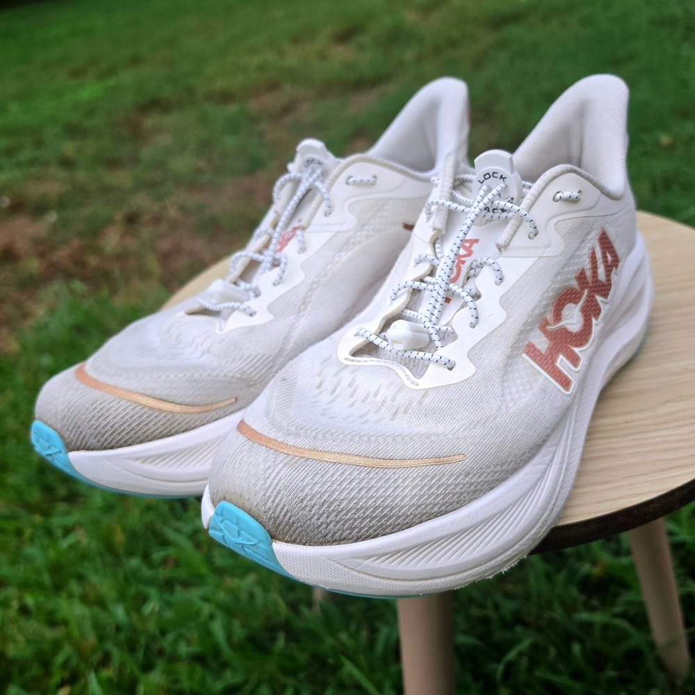 Hoka Skyflow White Rose Gold Blue Running Shoes Speed Laces Sneaker